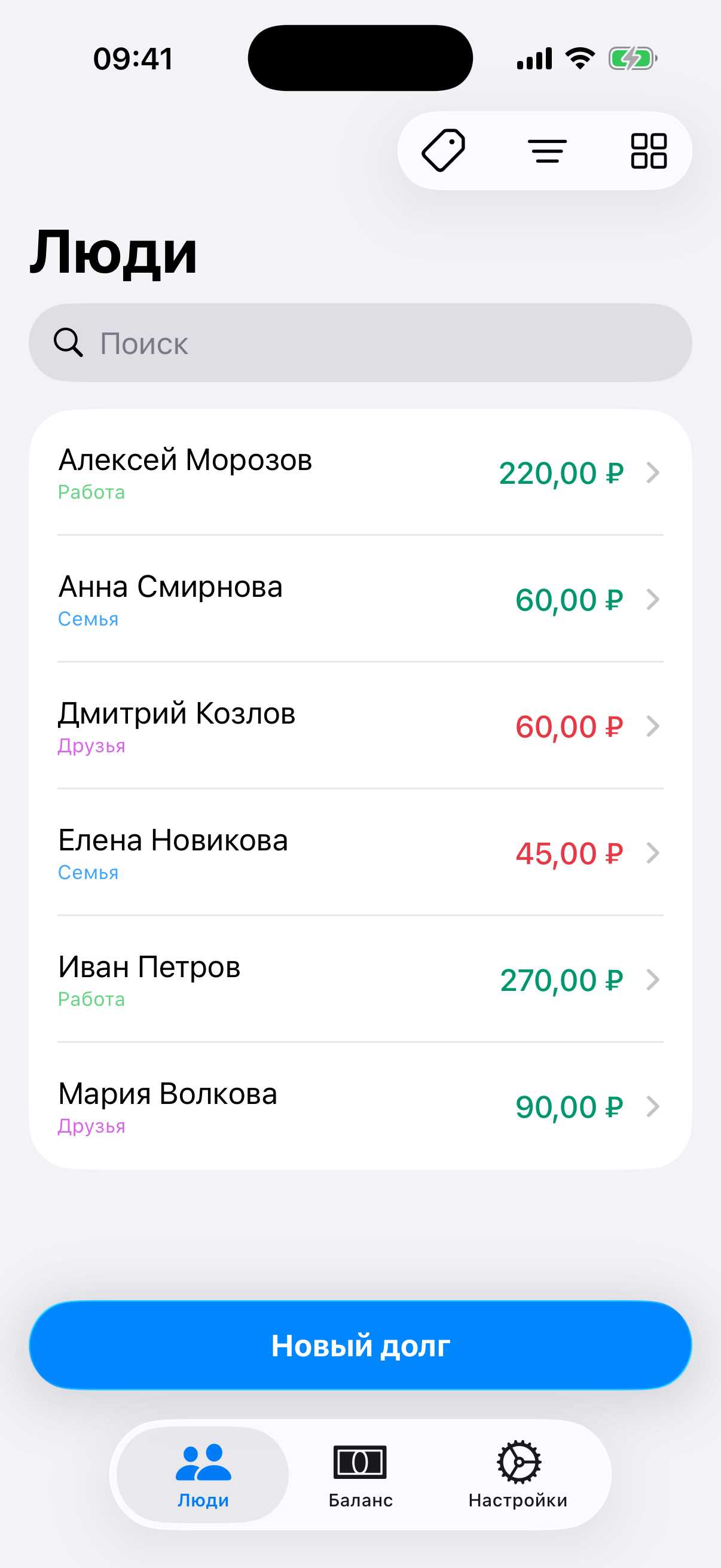 Теги в списке людей